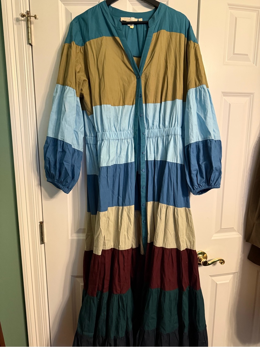 Colorblock Button-Front Maxi Dress in Teal, Olive & Blue Tones